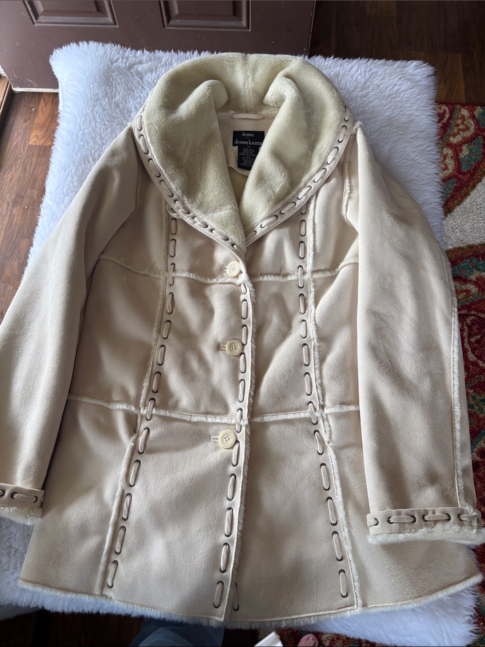 dennis basso Cream Faux Shearling Button Jacket - Picture 2 of 10